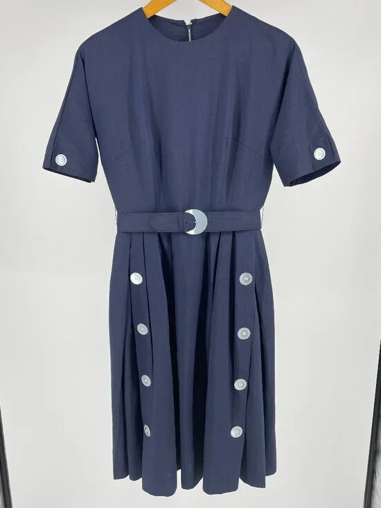 Vintage 60s Blue Fit & Flare Midi Dress Union Made Metal Zipper Retro S/M - Picture 1 of 10